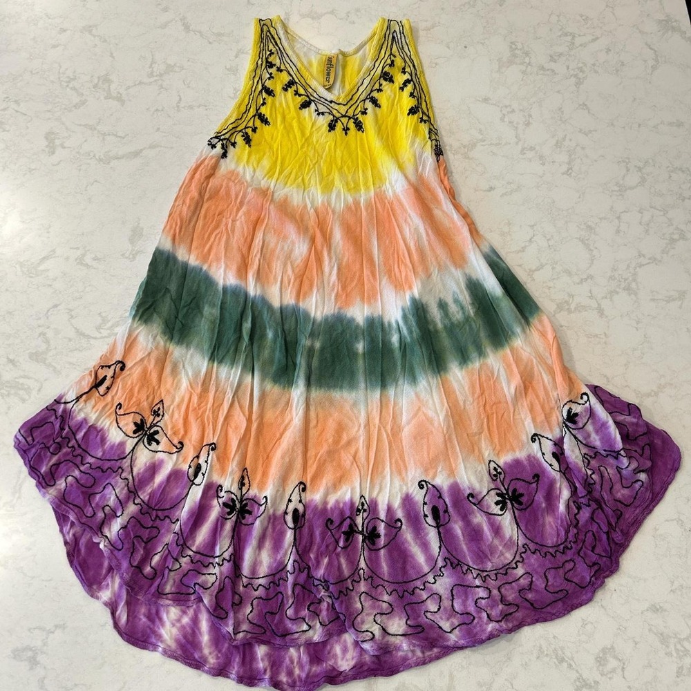 Sunflower Tie Dye Embroidered Boho Mini Dress Tunic Top Free Size Multicolor